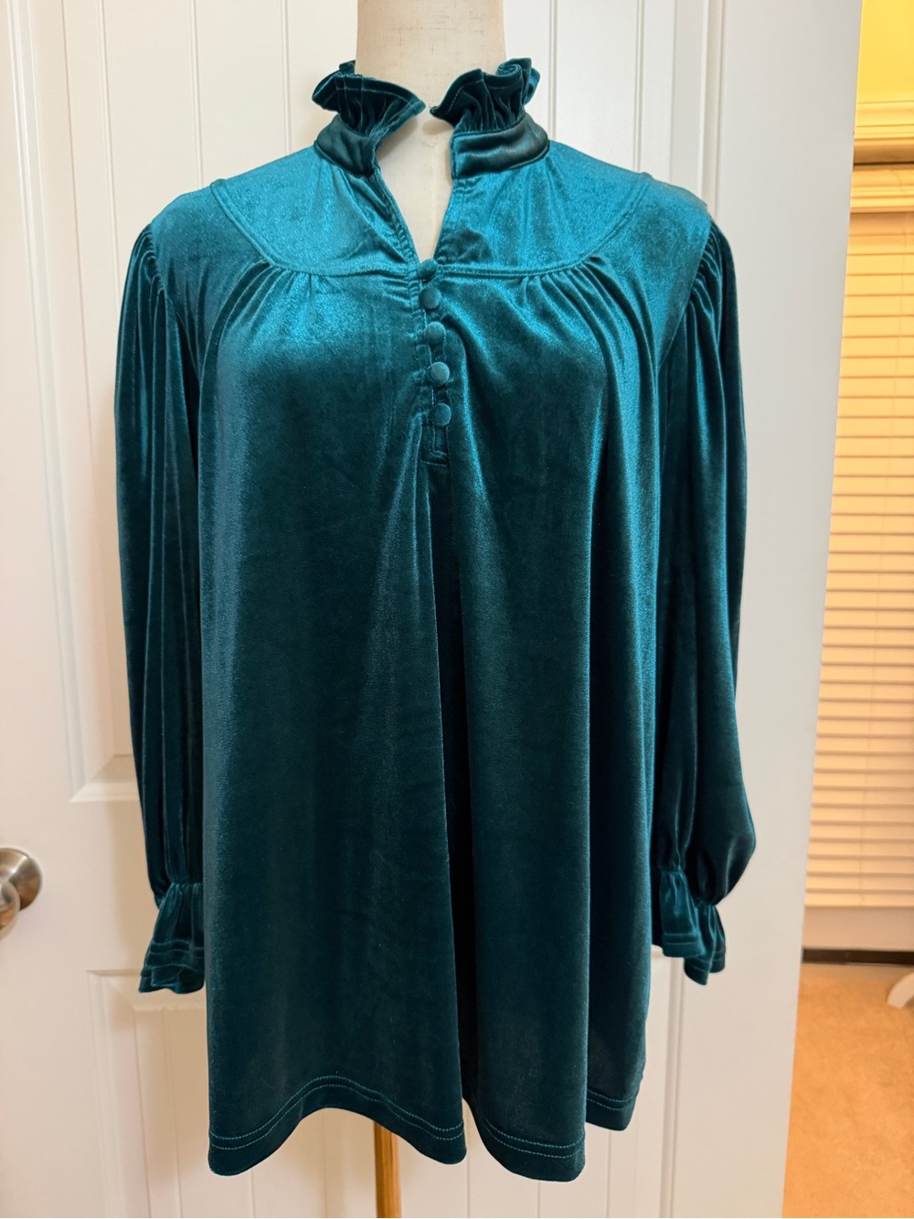 Umgee Teal Green Velvet Top High Collar Button Front Sz Large